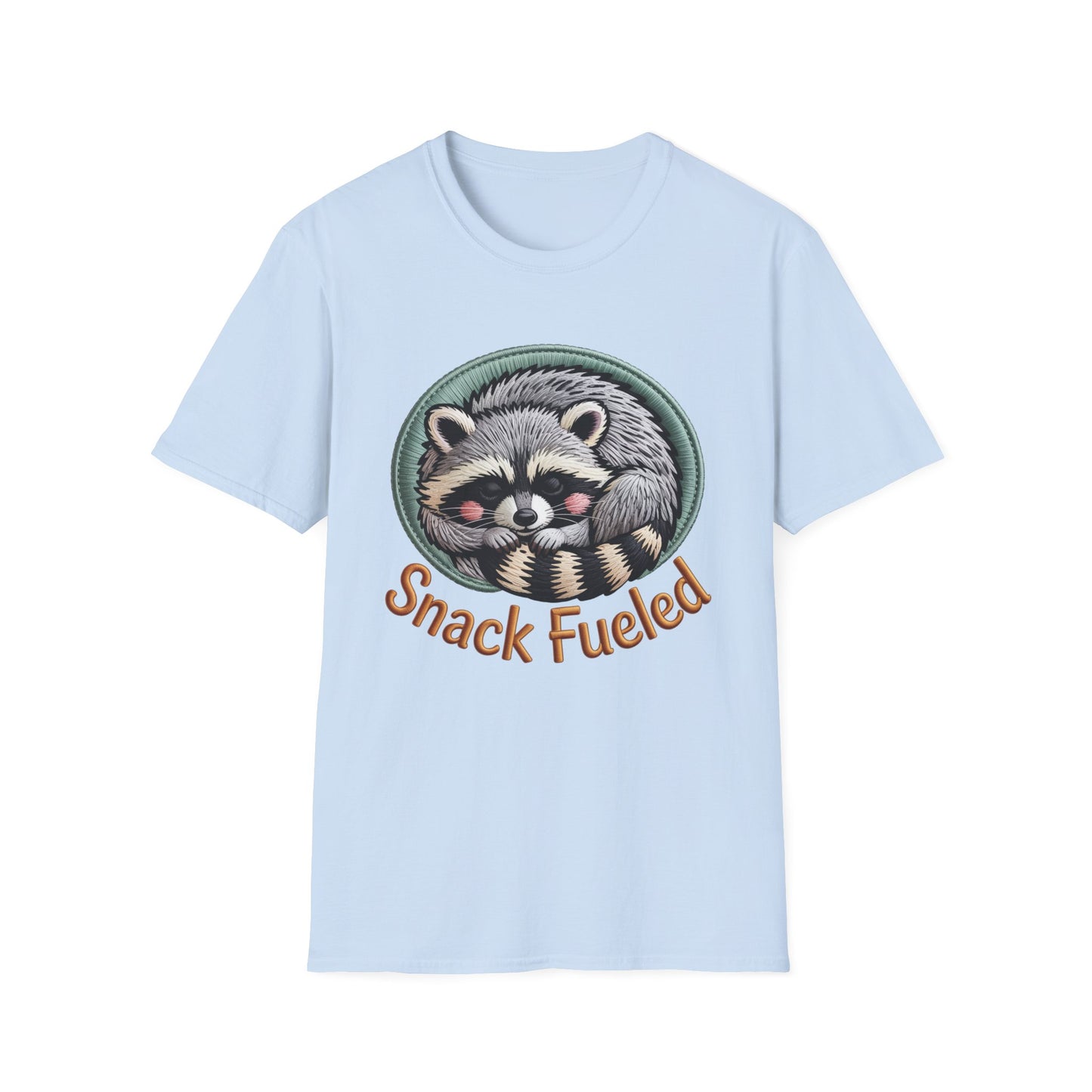 Adorable "Snack Fueled" Raccoon T-Shirt | Cozy Embroidered Look Tee | Ultimate Cute Animal & Snack Lover Gift!