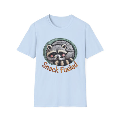 Adorable "Snack Fueled" Raccoon T-Shirt | Cozy Embroidered Look Tee | Ultimate Cute Animal & Snack Lover Gift!