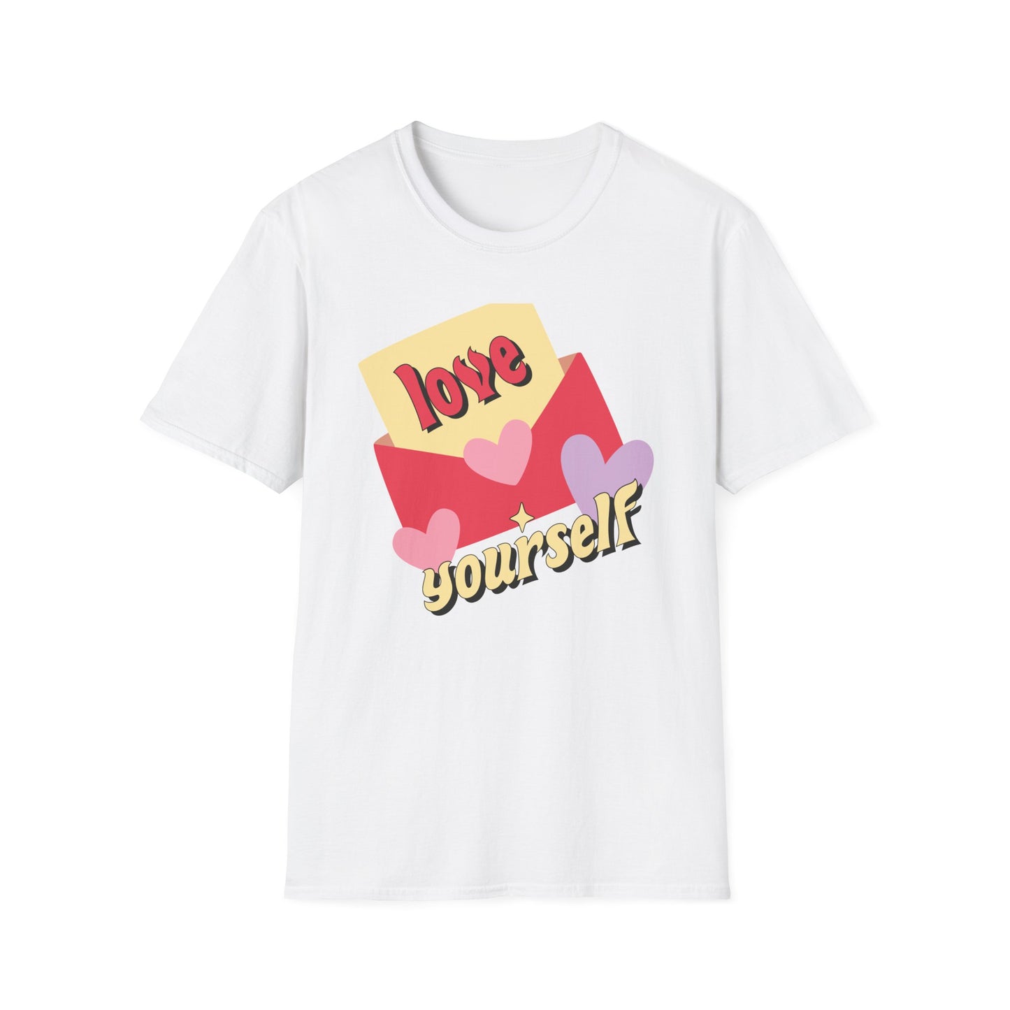 Empowering "Love Yourself" Retro T-Shirt | Chic Self-Care Message Tee | Adorable Hearts & Love Letter Design for Women