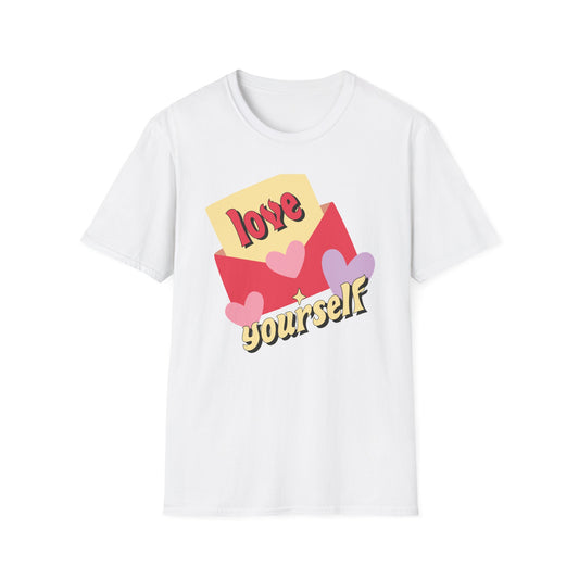 Empowering "Love Yourself" Retro T-Shirt | Chic Self-Care Message Tee | Adorable Hearts & Love Letter Design for Women