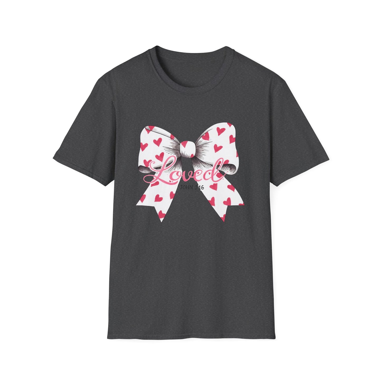 Inspiring 'Loved' John 3:16 T-Shirt | Christian Faith Tee with Hearts Bow | Beautiful Spiritual Gift for Women
