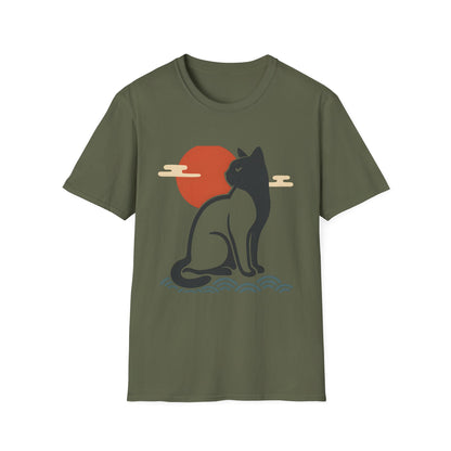 Japanese Cat Silhouette Red Sun Graphic T-Shirt