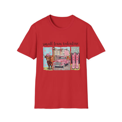Charming Small Town Valentine T-Shirt | Cute Highland Cow, Pink Truck & Cowboy Boots | Adorable Romantic Gift for Her