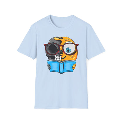 Clever Duality T-Shirt: Smart Skull & Emoji Bookworm Reader Tee for Unique Minds. Striking Graphic Top Gift.