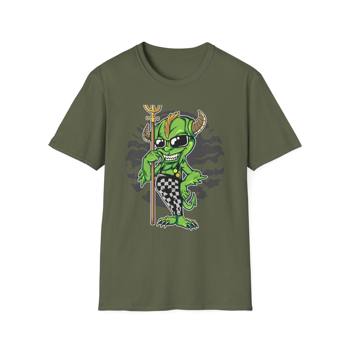 Wicked Mischievous Green Imp T-Shirt | Cool Cartoon Devil with Trident & Checkered Pants | Edgy Graphic Tee