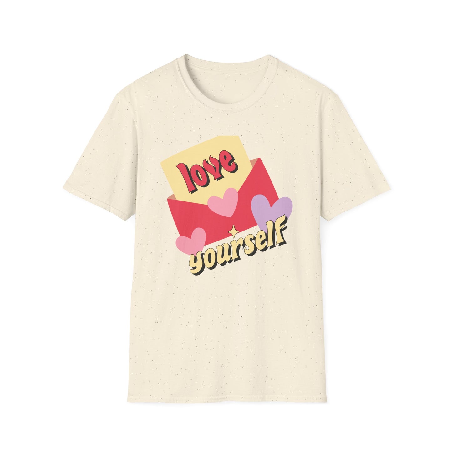 Empowering "Love Yourself" Retro T-Shirt | Chic Self-Care Message Tee | Adorable Hearts & Love Letter Design for Women