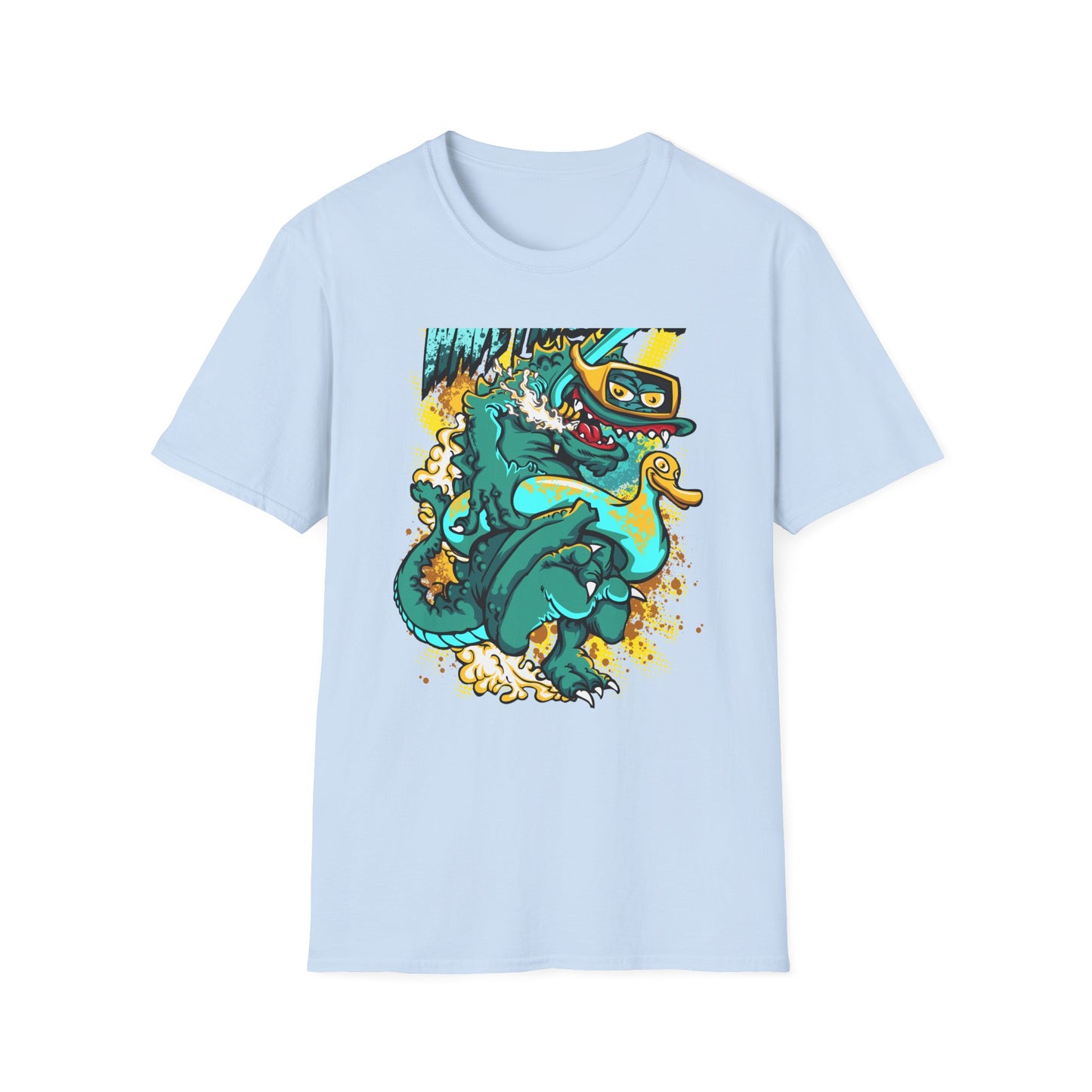 Epic 'WAVE I'M COMING' Monster T-Shirt - Hilarious Swimming Dragon & Duck Float Graphic Tee for Summer Fun & Beach Adventures