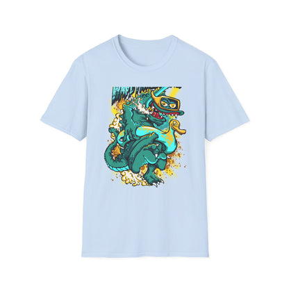 Epic 'WAVE I'M COMING' Monster T-Shirt - Hilarious Swimming Dragon & Duck Float Graphic Tee for Summer Fun & Beach Adventures