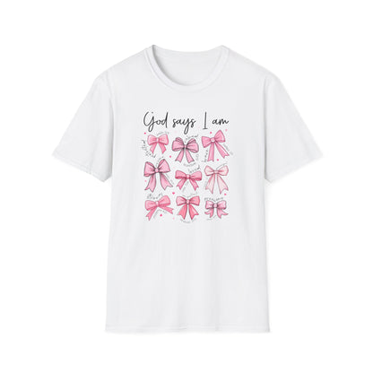 Empowering God Says I Am T-Shirt | Christian Affirmation Pink Bow Tee | Inspiring Bible Verse Faith Apparel for Women & Girls