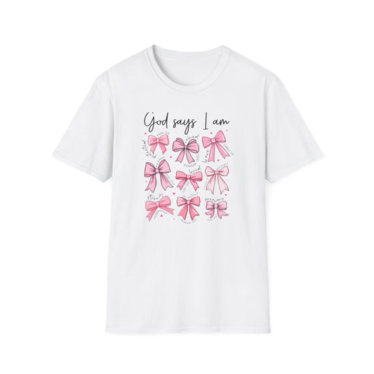 Empowering God Says I Am T-Shirt | Christian Affirmation Pink Bow Tee | Inspiring Bible Verse Faith Apparel for Women & Girls