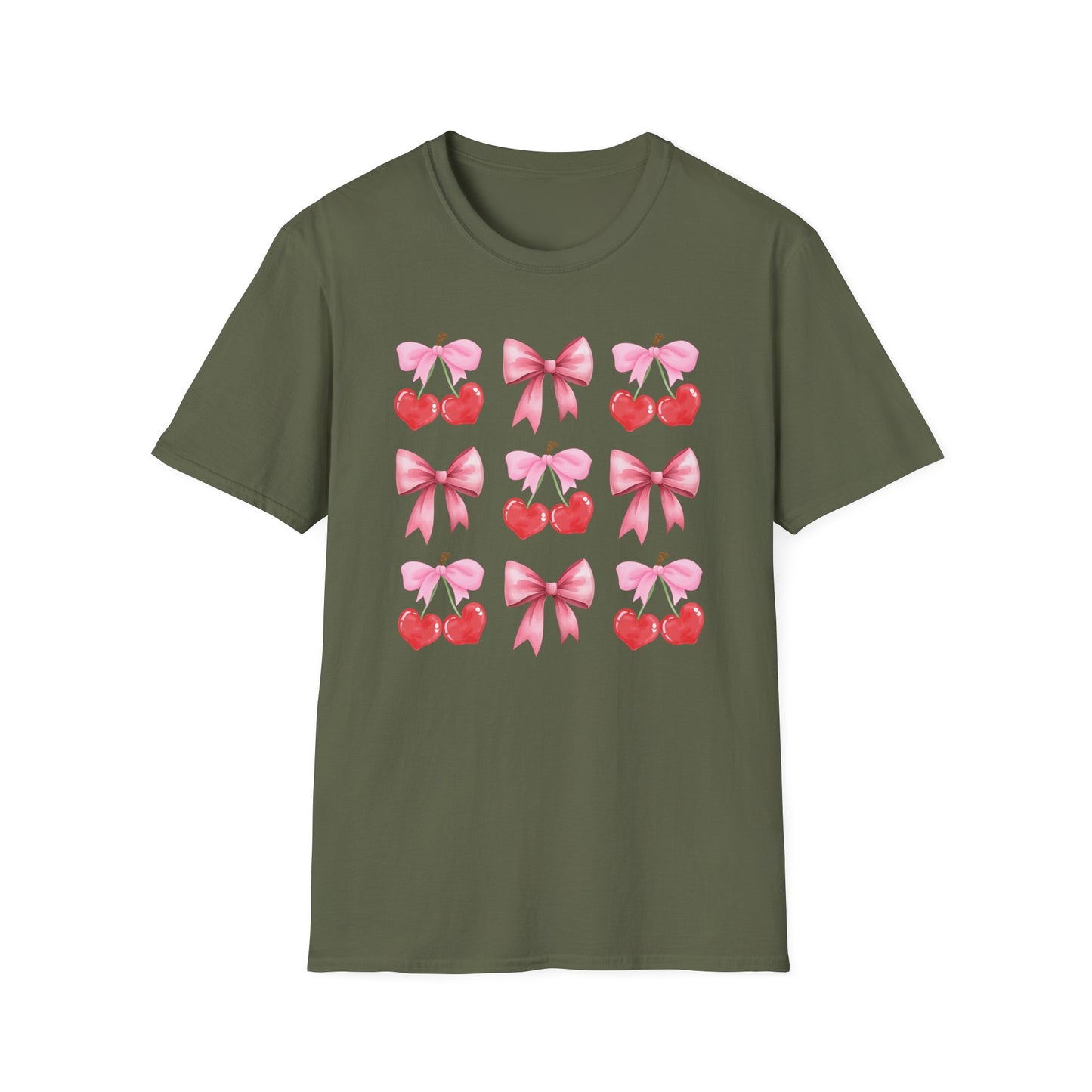 Delightful Pink Bow & Heart Cherry T-Shirt - Adorable Lovecore Aesthetic Tee for Her | Sweet Valentine's Gift