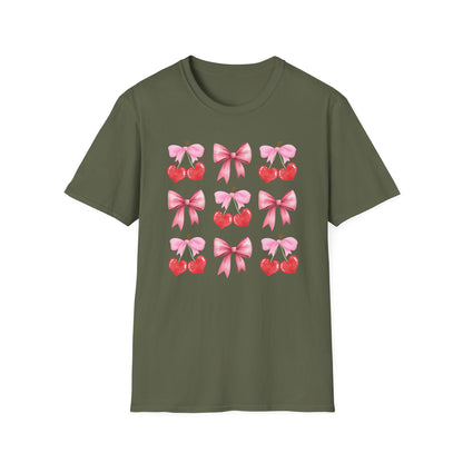 Delightful Pink Bow & Heart Cherry T-Shirt - Adorable Lovecore Aesthetic Tee for Her | Sweet Valentine's Gift