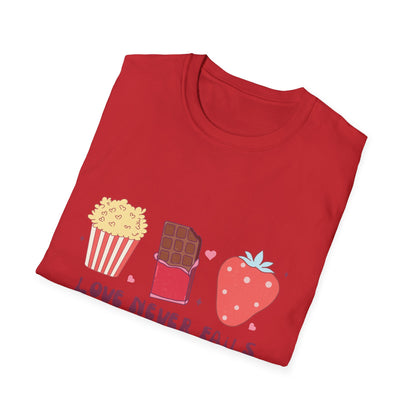 Delicious Retro Love Never Fails T-Shirt - Popcorn, Chocolate, Strawberry Snack Tee for Foodies & Romantics