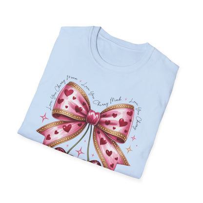 Chic Coquette Cherry Hearts Bow T-Shirt | Adorable Pink Romantic Aesthetic Tee | Sweet Valentine's Day Gift for Her