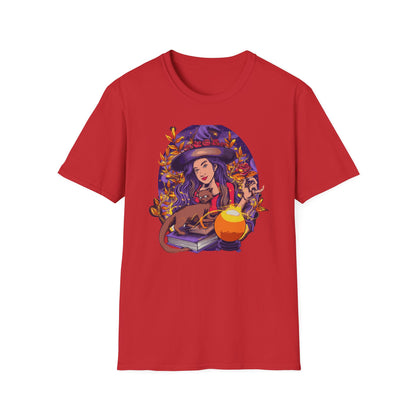 Enchanting Mystical Witch T-Shirt | Women's Fantasy Magic Tee with Cat, Crystal Ball & Roses | Awesome Gift