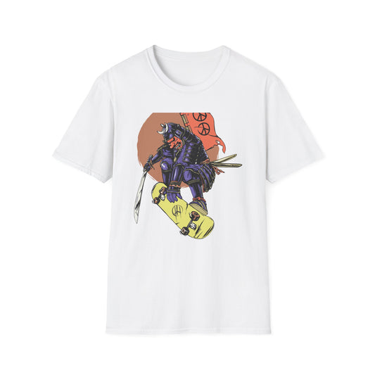 Bold Samurai Skater T-Shirt | Epic Japanese Warrior on Skateboard with Peace Sign Graphic Tee
