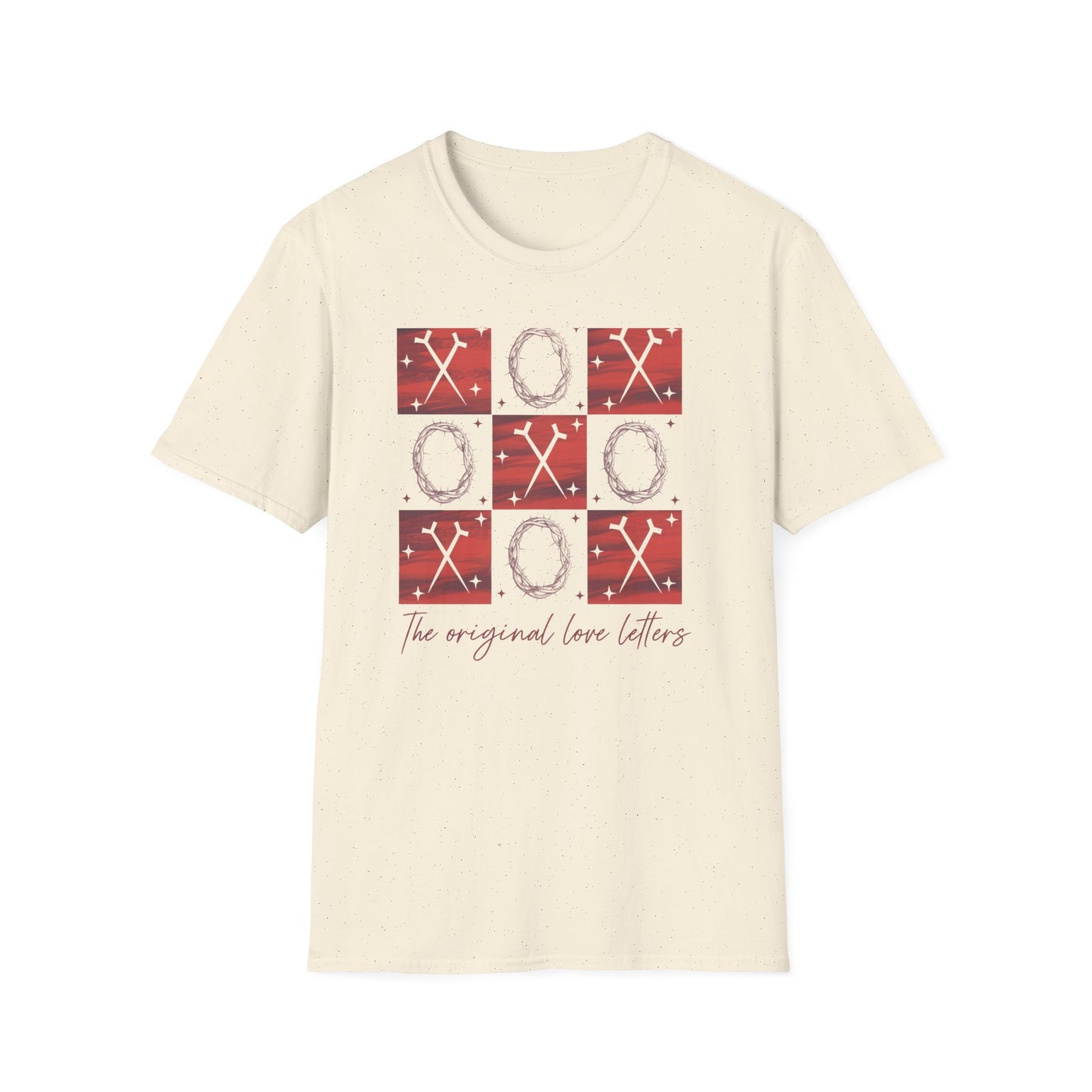 Meaningful Christian 'Original Love Letters' T-Shirt | Unique Cross & Crown of Thorns Design - Faith Tic-Tac-Toe Apparel