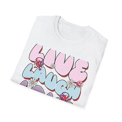 Vibrant Retro Live Laugh Love T-Shirt | Groovy Hearts & Smiley Faces Tee for Positive Vibes