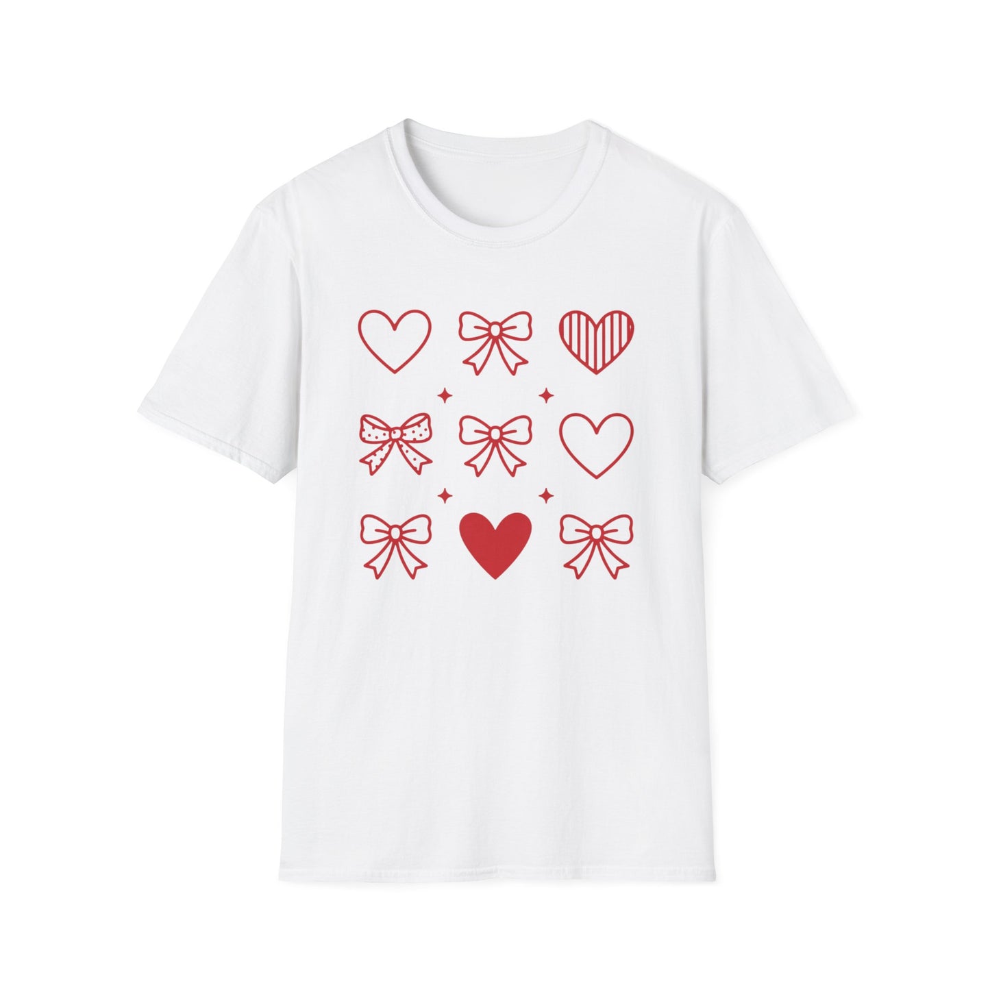 Charming Red Hearts & Bows Pattern T-Shirt | Adorable Love Core Graphic Tee for Women & Teens | Sweet Valentine's Day Gift Idea