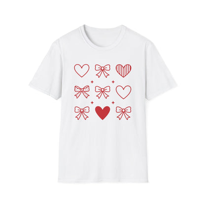Adorable Red Hearts & Bows Pattern T-Shirt | Sweet Valentine's Day Love Graphic Tee for Women & Girls | Charming Romantic Gift
