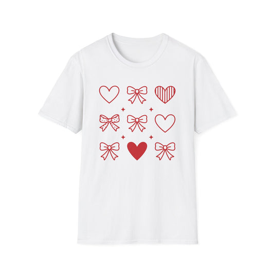 Adorable Red Hearts & Bows Pattern T-Shirt | Sweet Valentine's Day Love Graphic Tee for Women & Girls | Charming Romantic Gift