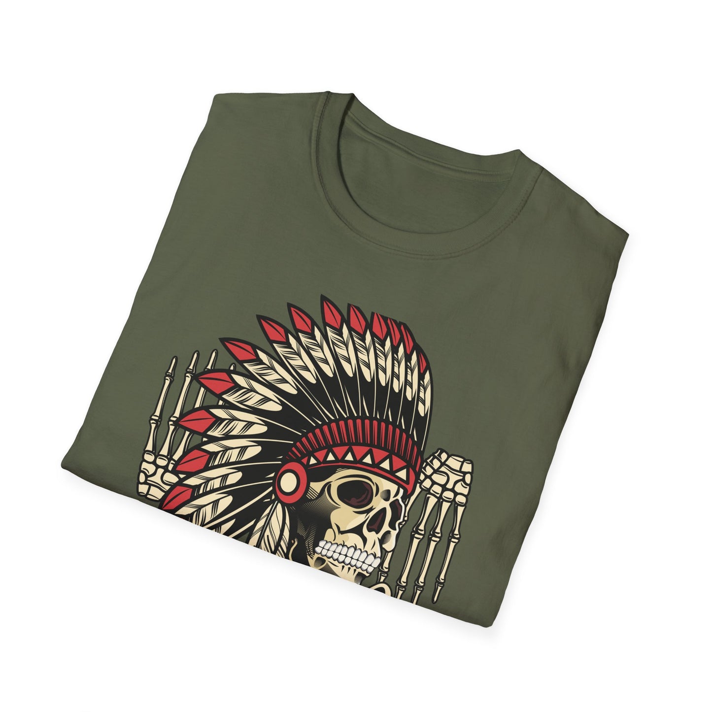 Striking Native Chief Skull Headdress T-Shirt - Unique Gothic Biker Tattoo Art Apparel for Rebel Souls