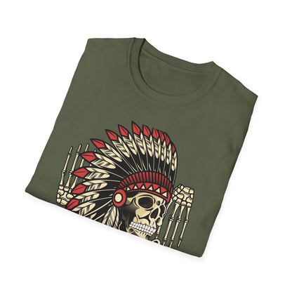 Striking Native Chief Skull Headdress T-Shirt - Unique Gothic Biker Tattoo Art Apparel for Rebel Souls
