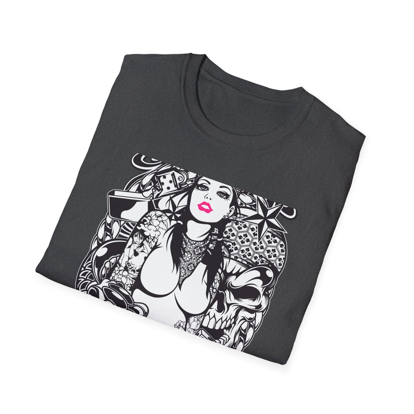 Bold Tattoo Girl & Skull Graphic T-Shirt | Edgy Urban Streetwear | Dice & Star Statement Tee - Unleash Your Rebel Style!
