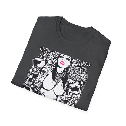 Bold Tattoo Girl & Skull Graphic T-Shirt | Edgy Urban Streetwear | Dice & Star Statement Tee - Unleash Your Rebel Style!