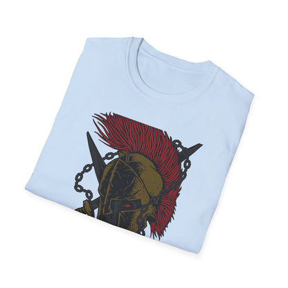 Epic Spartan Skull Helmet T-Shirt - Fearless Warrior Design with Swords & Chains for Men