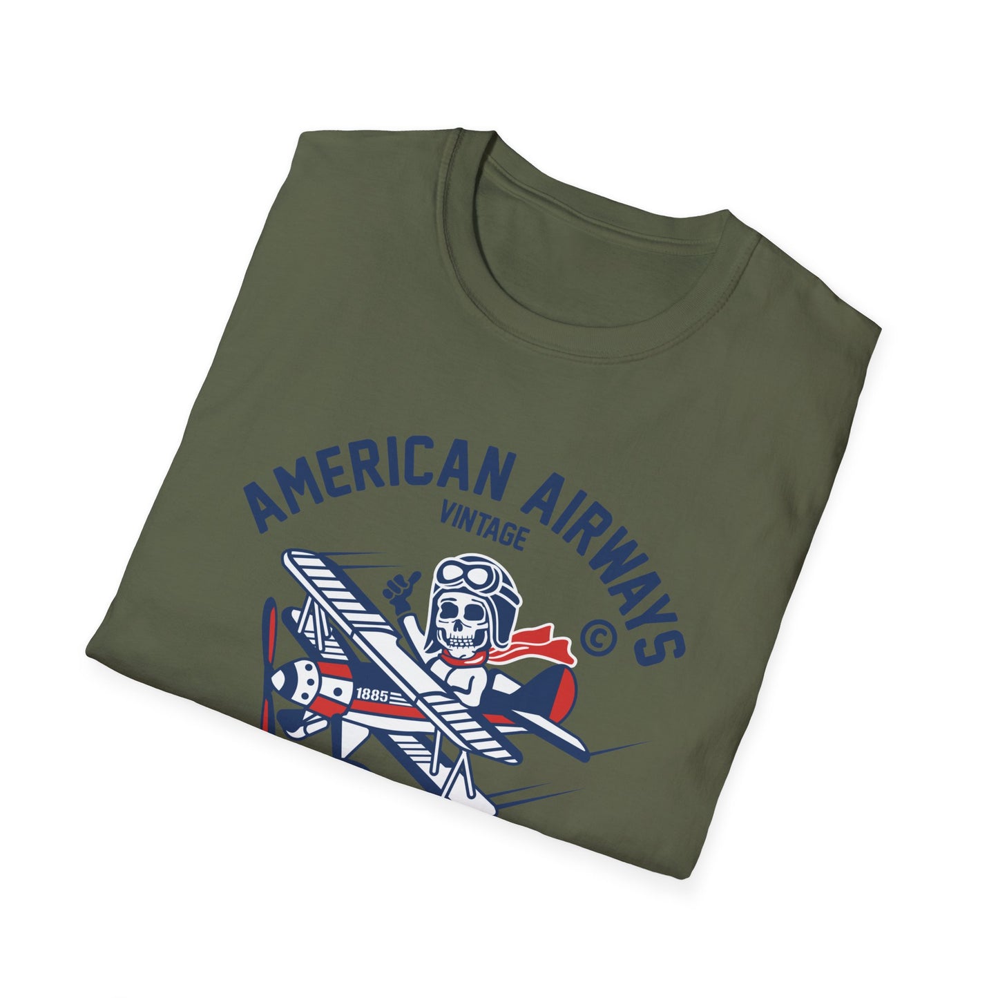 Vintage Skeleton Pilot Biplane T-Shirt - American Airways Fly Away Retro Aviation & Thrilling Thumbs Up Tee