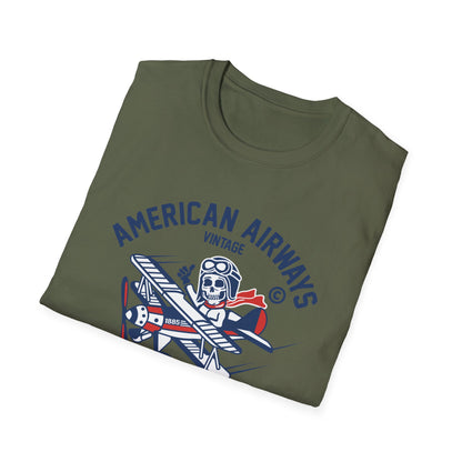 Vintage Skeleton Pilot Biplane T-Shirt - American Airways Fly Away Retro Aviation & Thrilling Thumbs Up Tee
