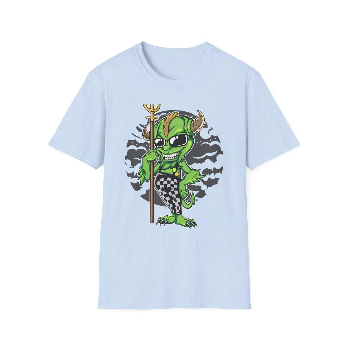 Wicked Mischievous Green Imp T-Shirt | Cool Cartoon Devil with Trident & Checkered Pants | Edgy Graphic Tee