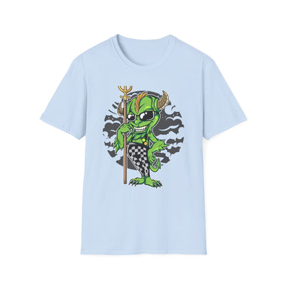Wicked Mischievous Green Imp T-Shirt | Cool Cartoon Devil with Trident & Checkered Pants | Edgy Graphic Tee