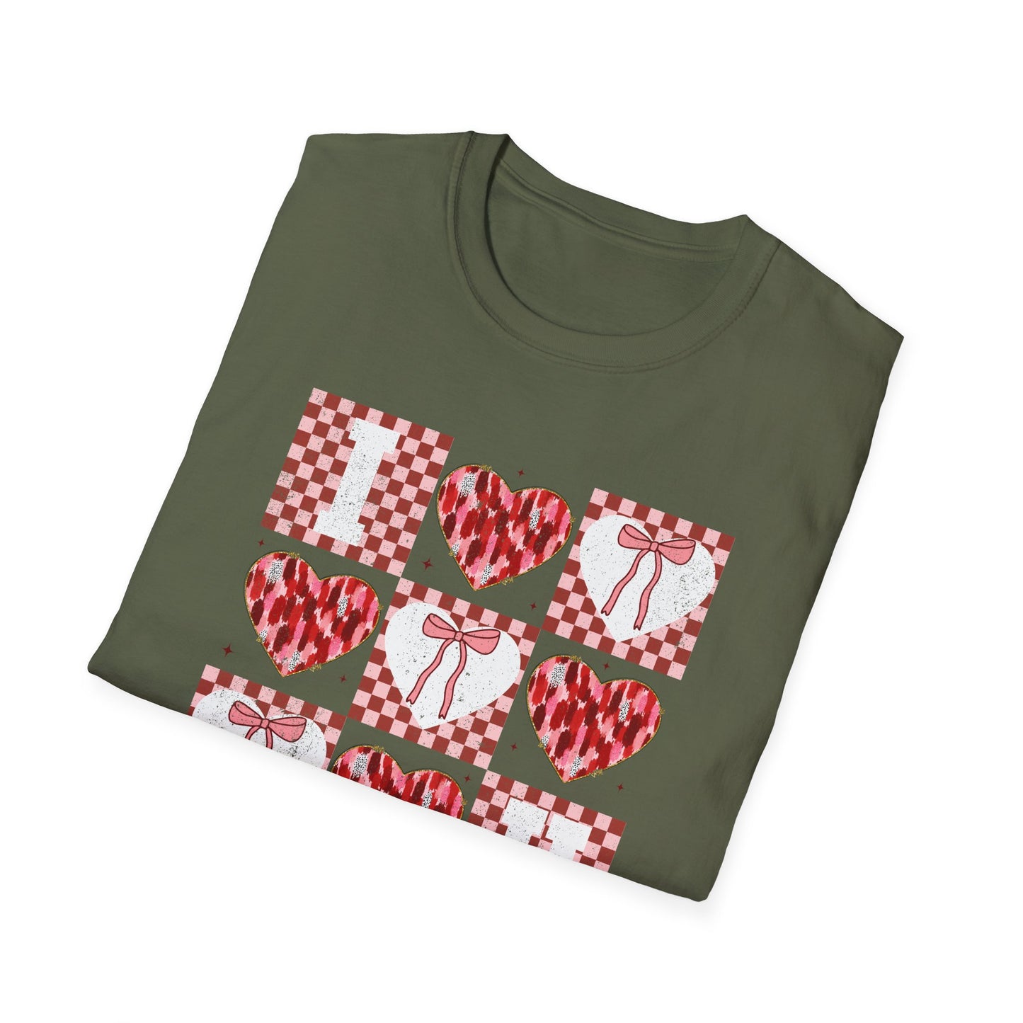 Chic "I Love You" Heart & Bow T-Shirt - Unique Distressed Checkered Design for Valentine's Day & Romantic Gifts for Her