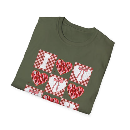 Chic "I Love You" Heart & Bow T-Shirt - Unique Distressed Checkered Design for Valentine's Day & Romantic Gifts for Her