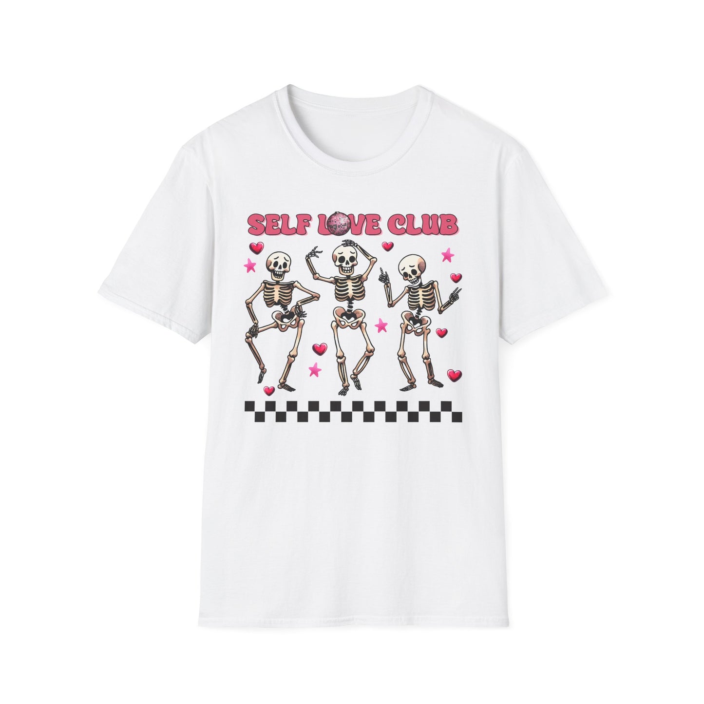 Groovy Self Love Club T-Shirt | Empowering Dancing Skeletons & Disco Ball Design | Trendy & Unique Top