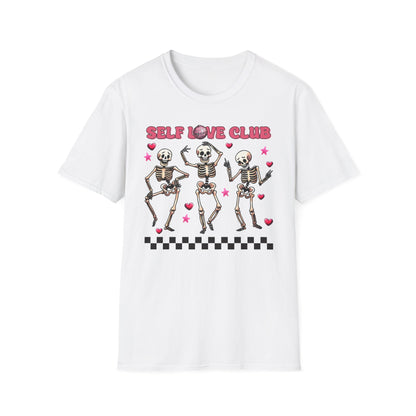 Groovy Self Love Club T-Shirt | Empowering Dancing Skeletons & Disco Ball Design | Trendy & Unique Top