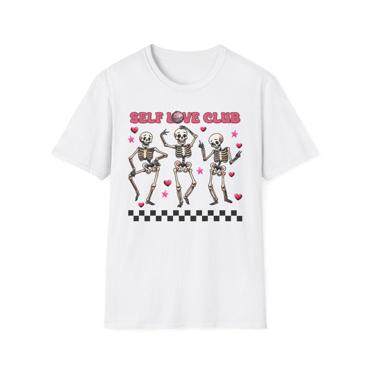 Groovy Self Love Club T-Shirt | Empowering Dancing Skeletons & Disco Ball Design | Trendy & Unique Top