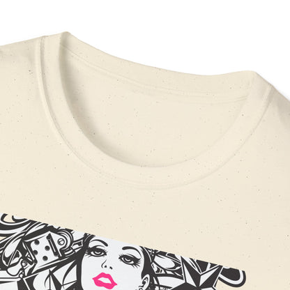 Bold Tattoo Girl & Skull Graphic T-Shirt | Edgy Urban Streetwear | Dice & Star Statement Tee - Unleash Your Rebel Style!