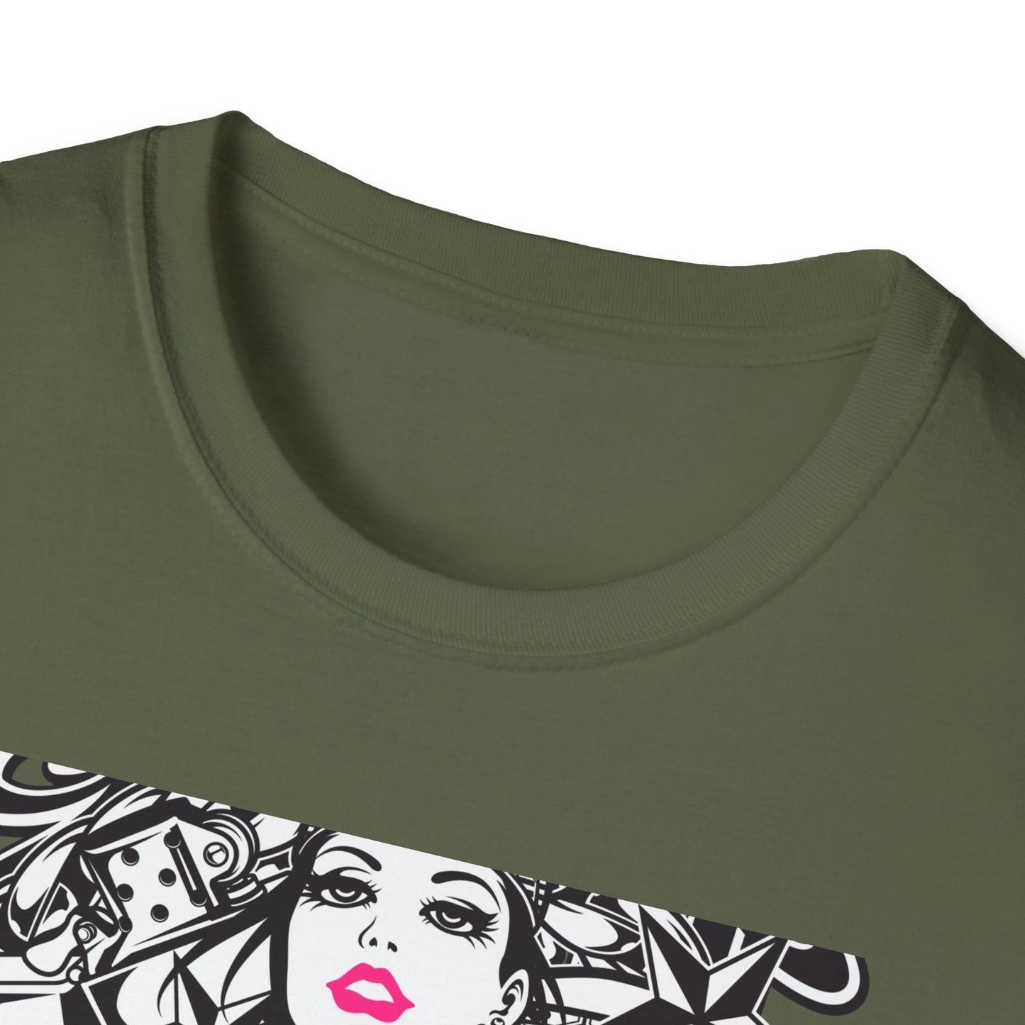 Bold Tattoo Girl & Skull Graphic T-Shirt | Edgy Urban Streetwear | Dice & Star Statement Tee - Unleash Your Rebel Style!