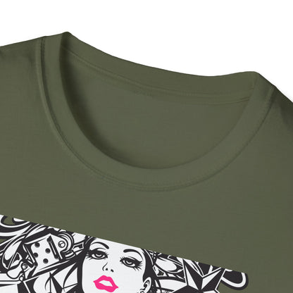 Bold Tattoo Girl & Skull Graphic T-Shirt | Edgy Urban Streetwear | Dice & Star Statement Tee - Unleash Your Rebel Style!