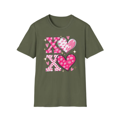Sparkling XOXO Love Hearts T-Shirt | Chic Pink Polka Dot & Brushstroke Tee | Perfect Valentine's Day & Everyday Wear