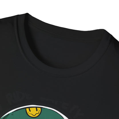 Vibrant Biker Girl Helmet T-Shirt | "Slow Ride Safety First" Retro Motorcycle Rider Tee for Women