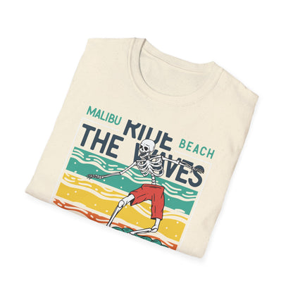 Epic Malibu Skeleton Surfer T-Shirt - Ride The Waves California Beach Retro Tee | Unique Vintage Style Surf Graphic