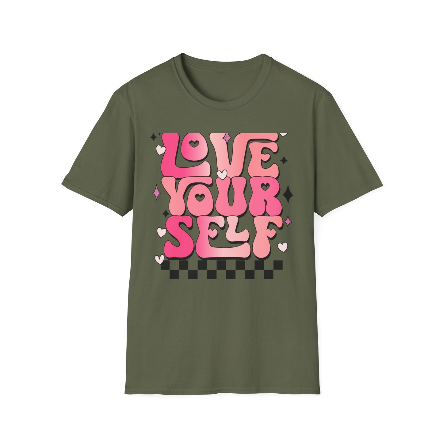 Groovy "Love Yourself" T-Shirt | Pink Retro Self-Love Tee with Hearts & Sparkles | Empowering & Chic Women's Affirmation Top