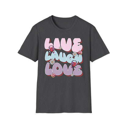 Vibrant Retro Live Laugh Love T-Shirt | Groovy Hearts & Smiley Faces Tee for Positive Vibes