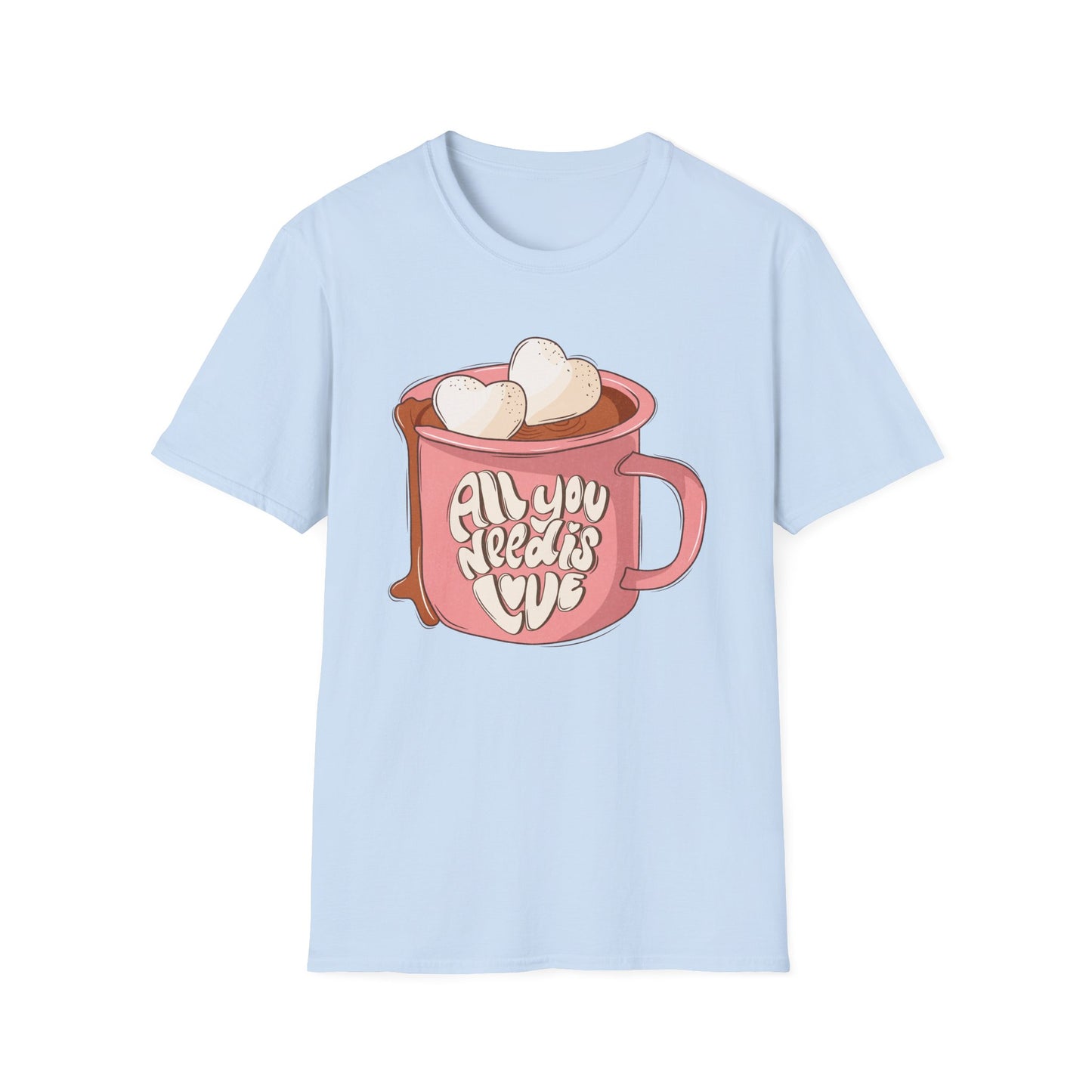 Sweet "All You Need Is Love" T-Shirt | Retro Hot Chocolate Mug with Heart Marshmallows | Adorable Valentine's Day & Cozy Love Tee