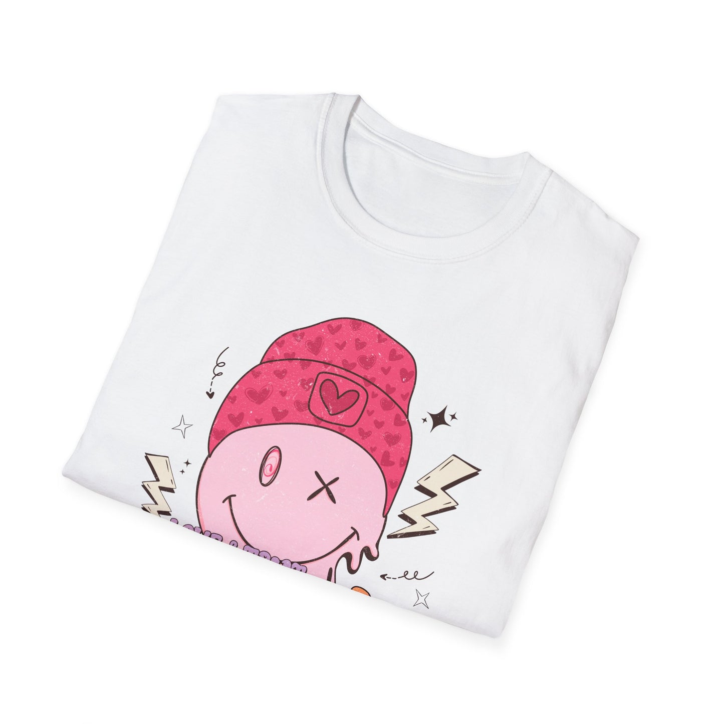 Trendy Groovy Melting Smiley T-Shirt - Empowering 'Love & Treat Yourself' Retro Self-Care Tee for Women