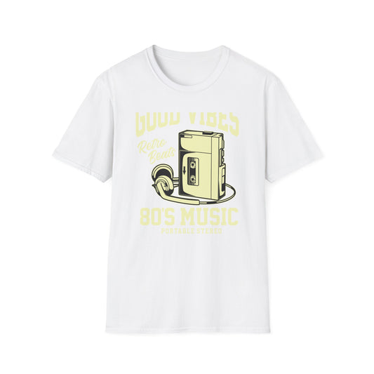 Awesome Retro 80s Music Good Vibes T-Shirt - Vintage Cassette Player & Headphones Tee | Nostalgic Portable Stereo Gift